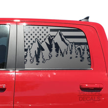 Load image into Gallery viewer, USA Flag w/Mountain Scene Decal for 2010 - 2018 Ram 1500 Rebel Crew Cab Windows - Matte Black
