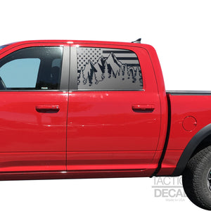 USA Flag w/Mountain Scene Decal for 2010 - 2018 Ram 1500 Rebel Crew Cab Windows - Matte Black