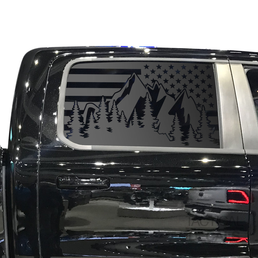 USA Flag w/Mountain Scene Decal for 2018 - 2020 Ram 1500 Rebel Crew Cab Windows - Matte Black
