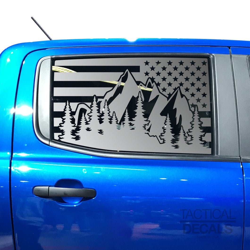 USA Flag w/Mountain Scene Decal for 2020 Ford Ranger Rear door Windows - Matte Black
