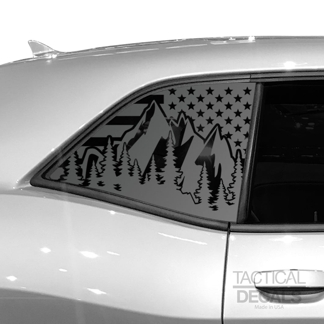 Tactical Decals USA Flag w/ Mountain Scene Decal for 2008 - 2020 Dodge Challenger Windows - Matte Black