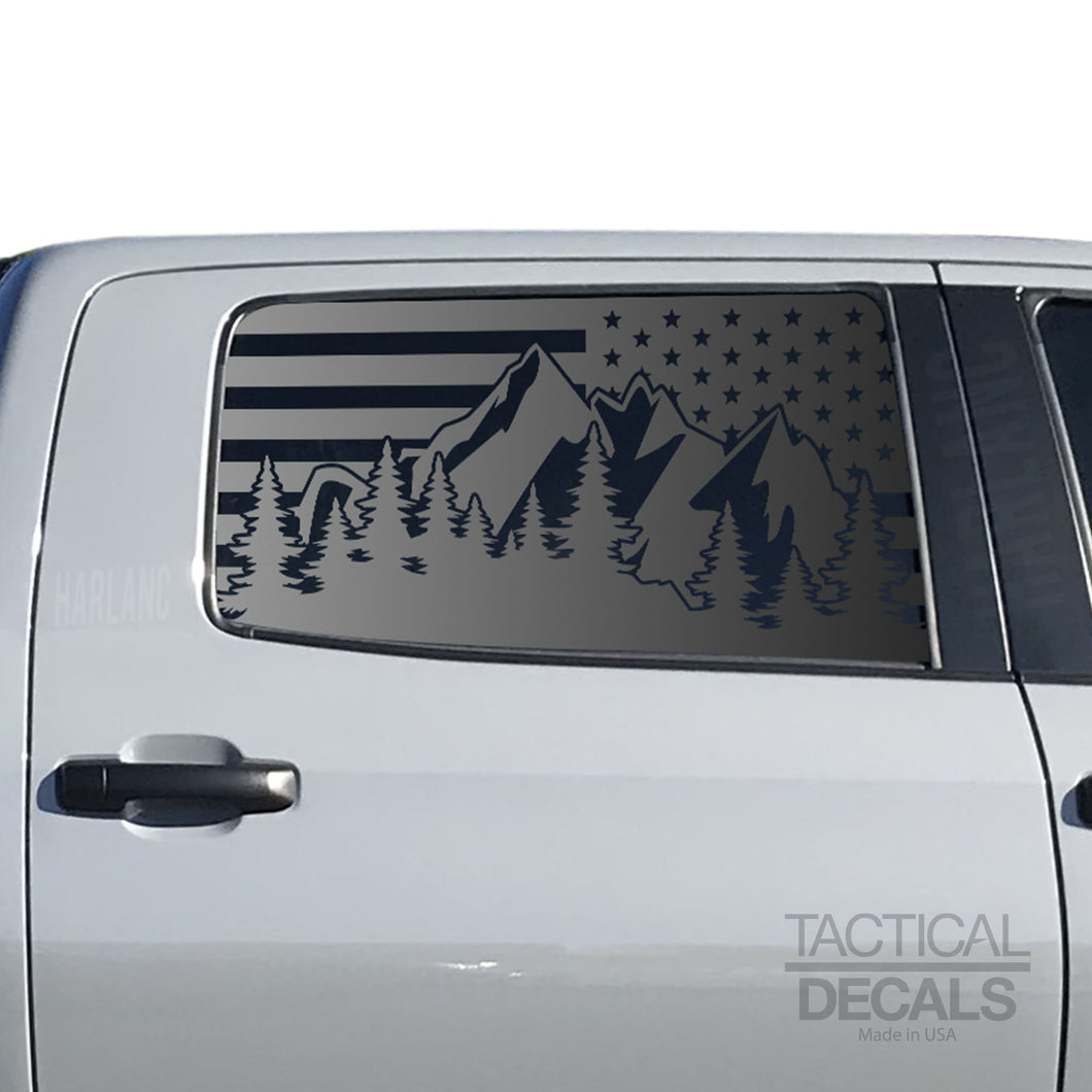 Tactical Decals USA American Flag w/Mountain outdoor Scene Decals fits 2014 - 2020 Toyota Tundra Rear Door windows 