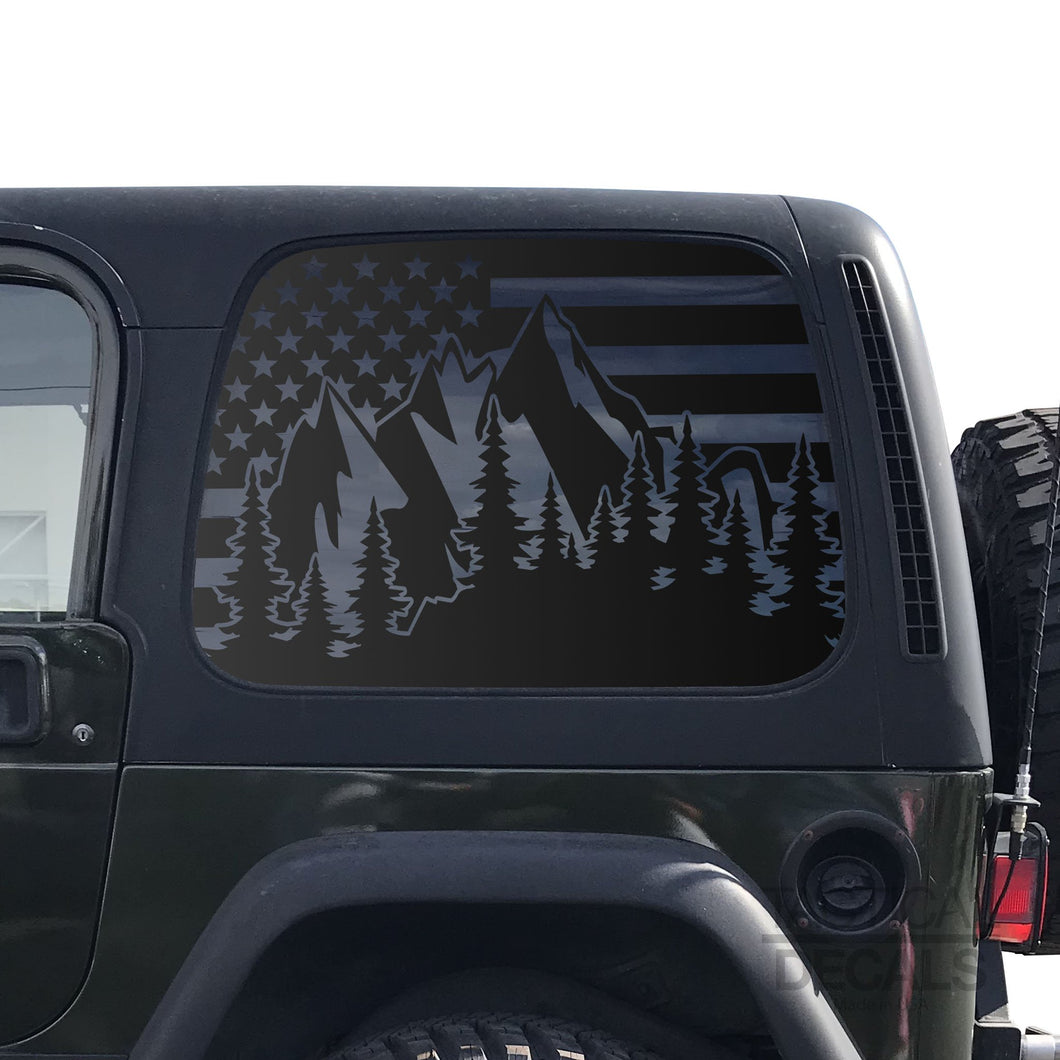 Tactical Decals USA Flag w/Mountains Decal for 1997 - 2006 Jeep Wrangler TJ 2 Door only - Hardtop Windows - Matte Black