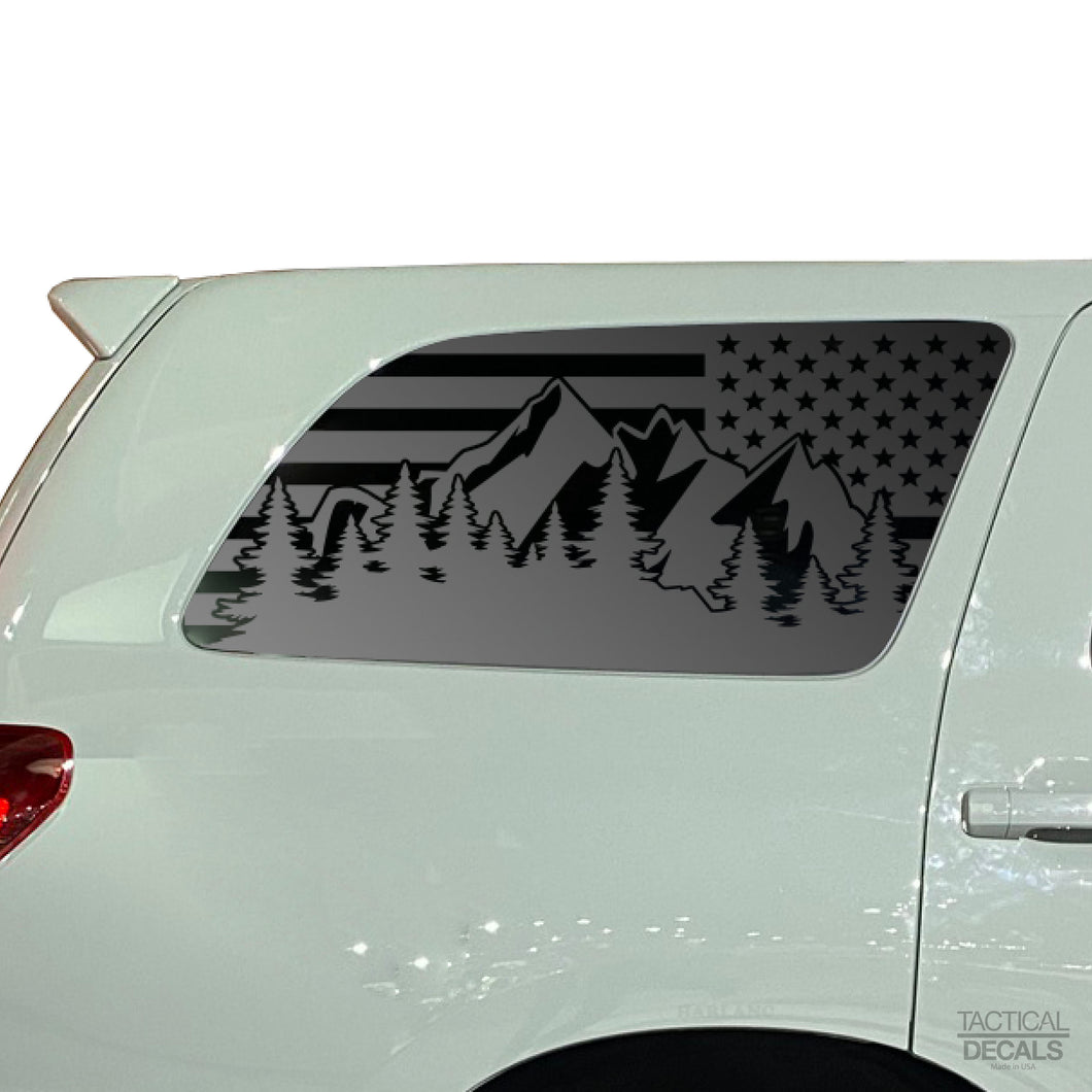 USA Flag w/ Mountain Scene Decal for 2008 - 2022 Toyota Sequoia Rear Windows - Matte Black