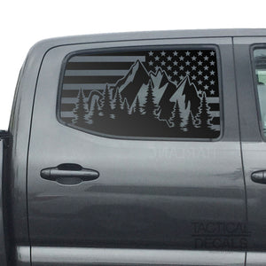 USA Flag w/Mountain Scene Decal for 2016-2020 Toyota Tacoma Rear Door Windows - Matte Black