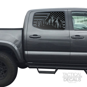 USA Flag w/Mountain Scene Decal for 2016-2020 Toyota Tacoma Rear Door Windows - Matte Black