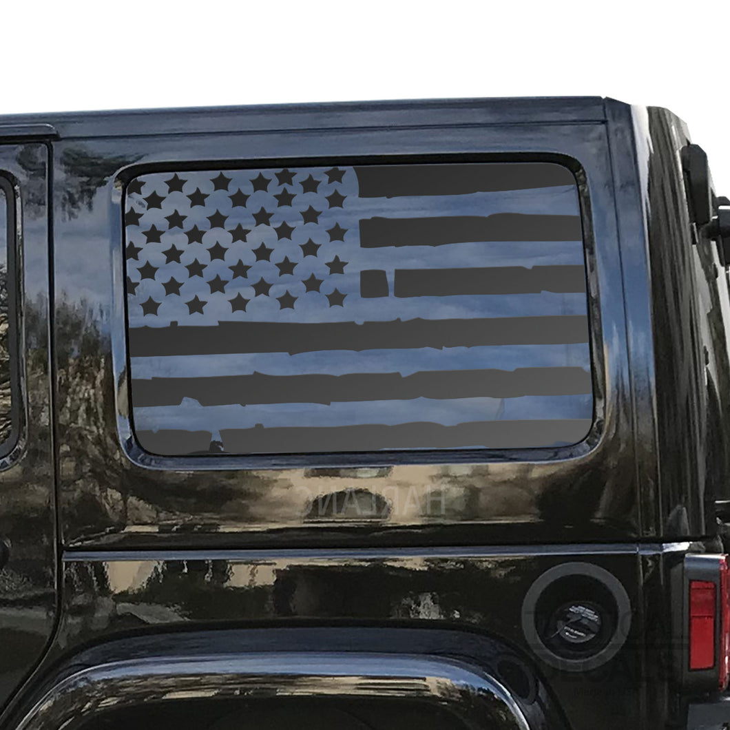 Distressed USA Flag Decal for 2007 - 2024 Jeep Wrangler 4 Door only - Hardtop Windows - Matte Black