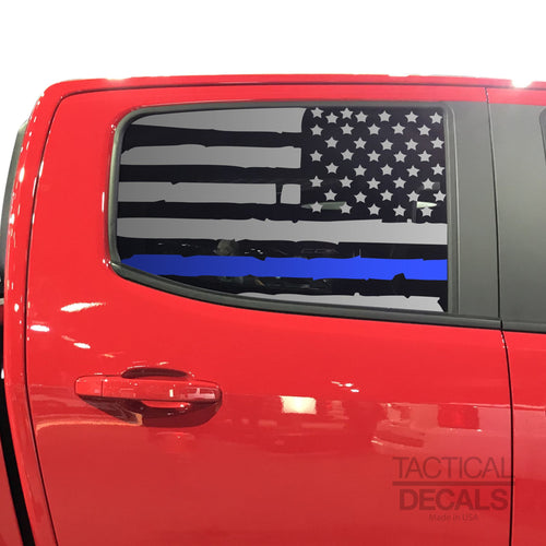 Distressed USA Flag w/Thin Blue Line Decal for 2014-2020 Chevy Colorado Rear Door Windows - Matte Black