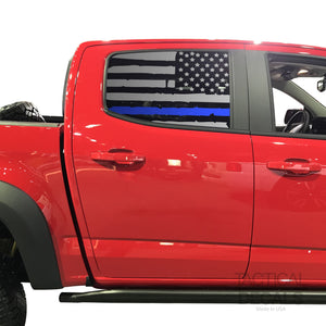 Distressed USA Flag w/Thin Blue Line Decal for 2014-2020 Chevy Colorado Rear Door Windows - Matte Black