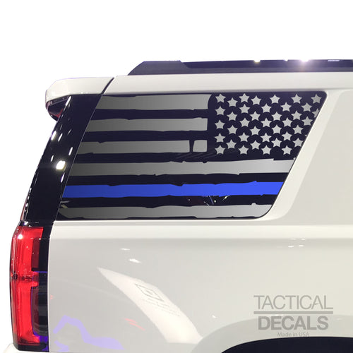 Tactical Decals Distressed Blue Line USA Flag Decal for 2015-2020 Chevy Tahoe 3rd Windows - Matte Black