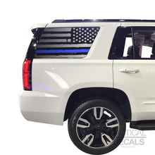 Load image into Gallery viewer, Tactical Decals Distressed Blue Line USA Flag Decal for 2015-2020 Chevy Tahoe 3rd Windows - Matte Black
