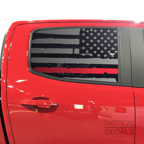 Tactical Decals Distressed USA Flag w/Thin Red Line Decal for 2014-2020 Chevy Colorado Rear Door Windows - Matte Black