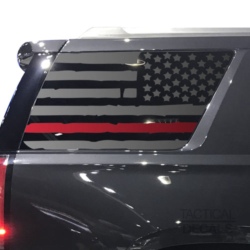 Tactical Decals Distressed USA Flag w/Thin Red Line Decal for 2015-2020 GMC Yukon 3rd Windows - Matte Black
