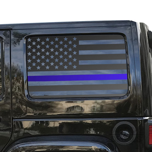 Tactical Decals USA Flag w/ Thin Blue Line Decal for 2007 - 2020 Jeep Wrangler 4 Door only - Hardtop Windows - Matte Black