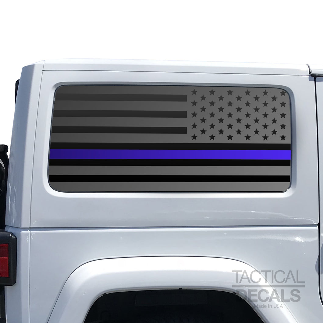 Tactical Decals USA Flag w/ Thin Blue Line Decal for 2007-2020 2-Door Jeep Wrangler Hardtop Windows - Matte Black Police support