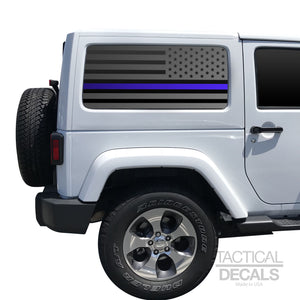 Tactical Decals USA Flag w/ Thin Blue Line Decal for 2007-2020 2-Door Jeep Wrangler Hardtop Windows - Matte Black Police support