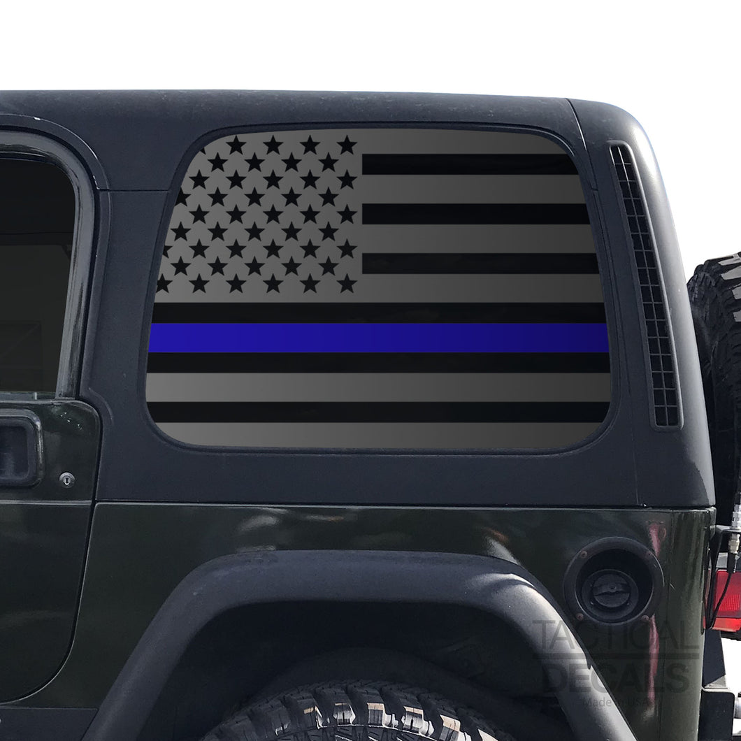 Tactical Decals USA Flag w/ Thin Blue Line Decal for 1997 - 2006 Jeep Wrangler TJ 2 Door only - Hardtop Windows - Matte Black
