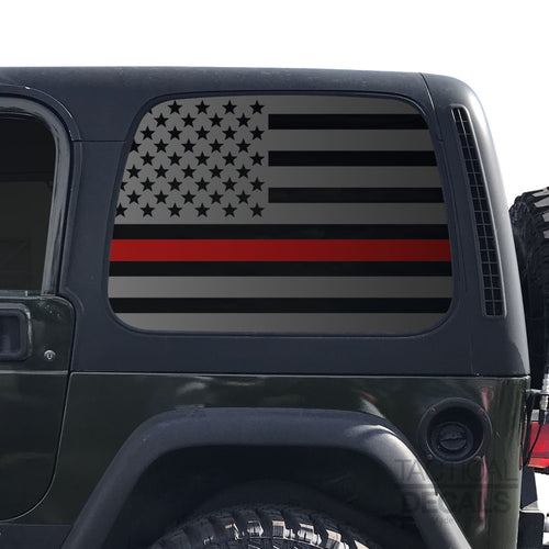 Tactical Decals USA Flag w/ Thin Red Line Decal for 1997 - 2006 Jeep Wrangler TJ 2 Door only - Hardtop Windows - Matte Black