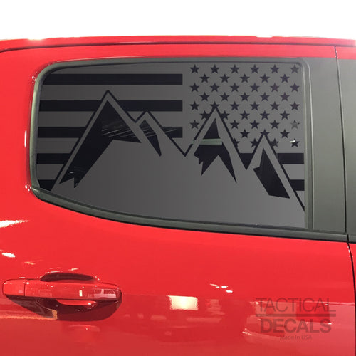 Tactical Decals USA Flag w/Mountain Peak Scene Decal for 2014-2020 Chevy Colorado Rear Door Windows - Matte Black