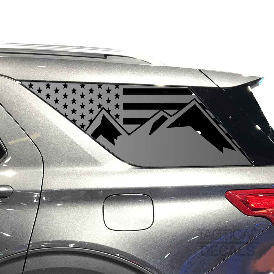 Tactical Decals USA Flag w/ Mountain Peak Scene Decal for 2020 Ford Explorer 3rd Windows - Matte Black
