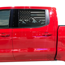 Load image into Gallery viewer, Tactical Decals USA Flag w/Mountain Scene v3 Decal for 2020 Chevy Silverado Rear Door Windows - Matte Black
