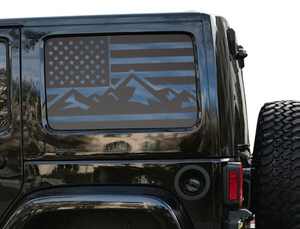 USA Flag w/ Mountain design Decal for 2007 - 2021 Jeep Wrangler 4 Door only - Hardtop Windows - Matte Black