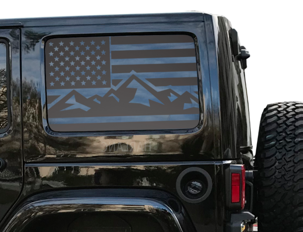 USA Flag w/ Mountain design Decal for 2007 - 2021 Jeep Wrangler 4 Door only - Hardtop Windows - Matte Black