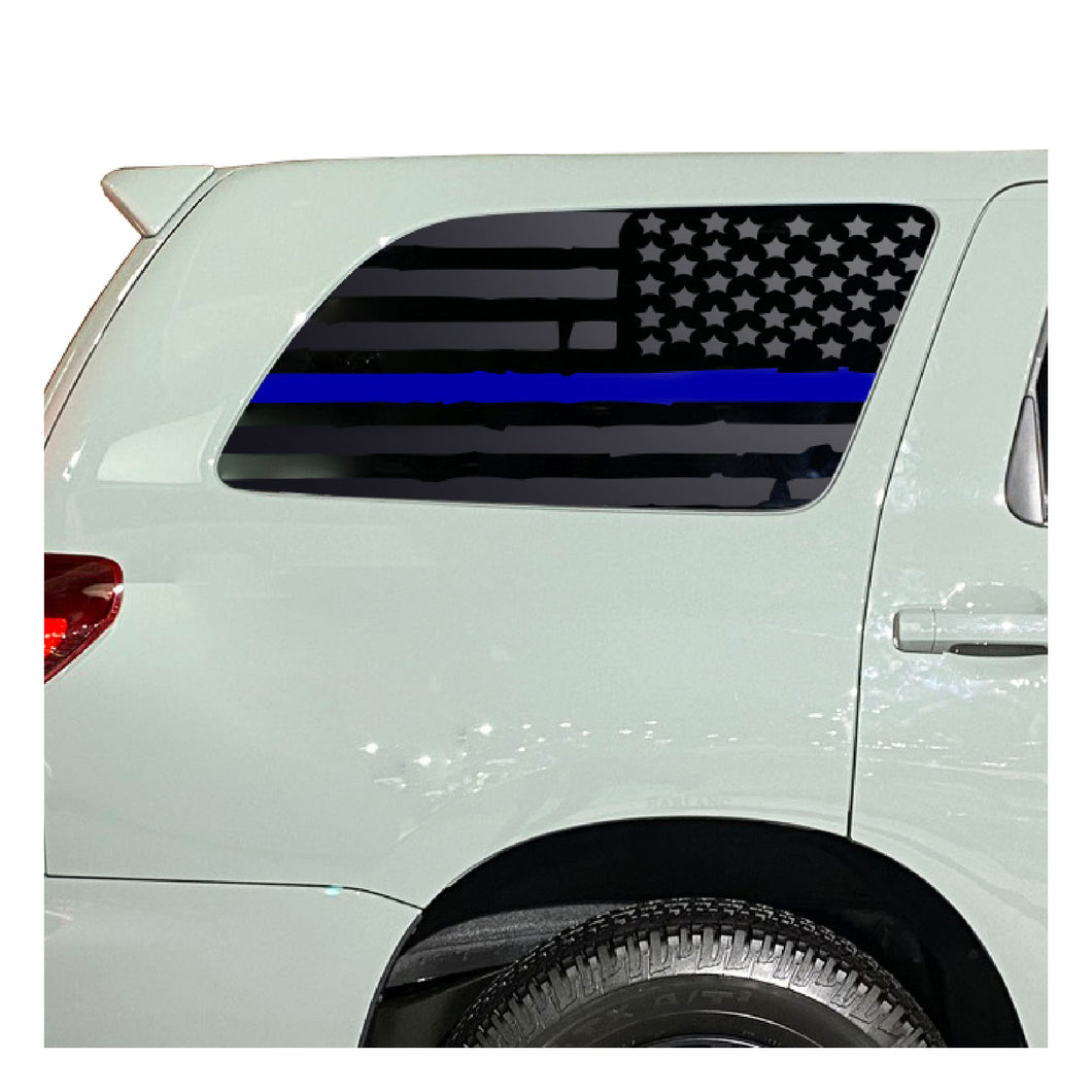 Distressed USA Flag w/ Blue Line Decal for 2008 - 2022 Toyota Sequoia Rear Windows - Matte Black