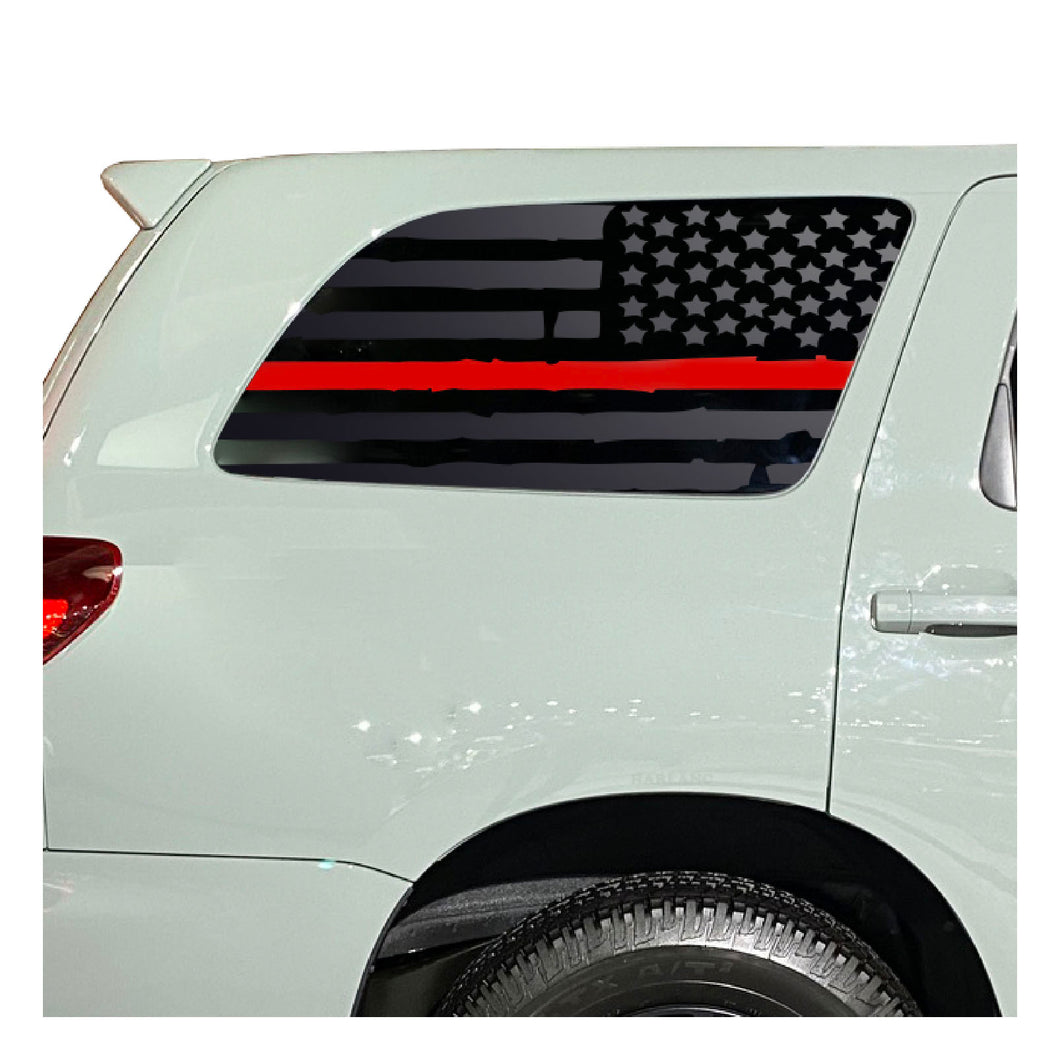 Distressed USA Flag w/ Red Line Decal for 2008 - 2022 Toyota Sequoia Rear Windows - Matte Black