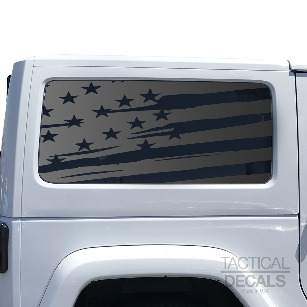 Tactical Decals Distressed USA Flag Decal for 2007-2020 2-Door Jeep Wrangler Hardtop Windows - Matte Black